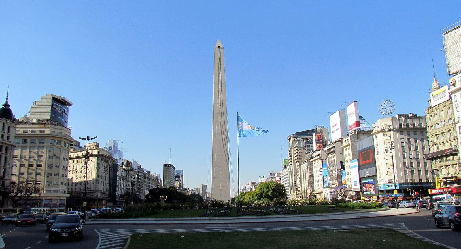 The Obelisco and the Argentine flag on Avenida 9 de Julio, Buenos Aires